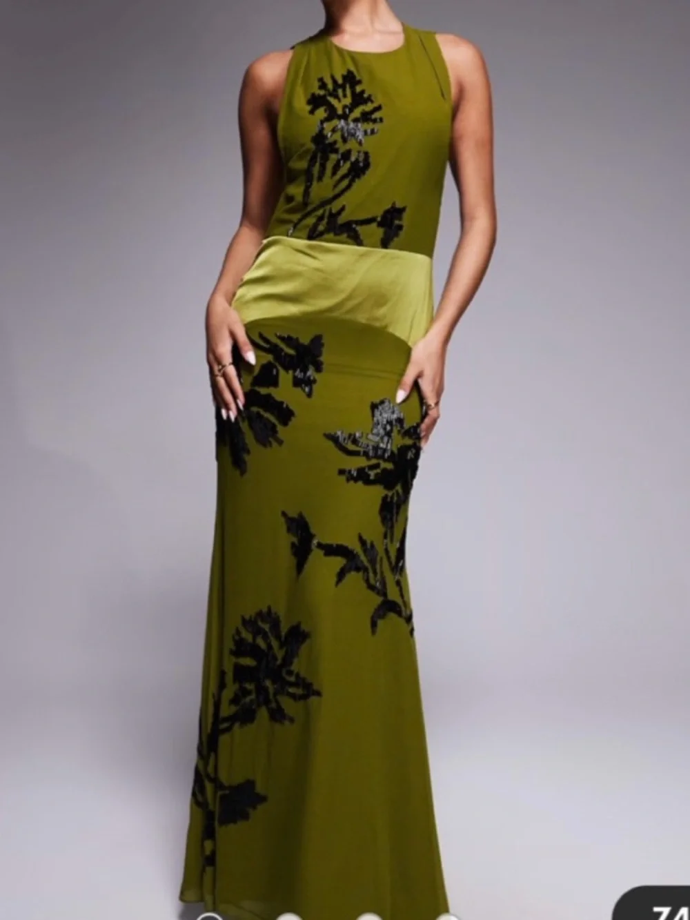 ASOS Olive Green Maxi Dress with Black Floral Appliqué - Picture 1 of 3